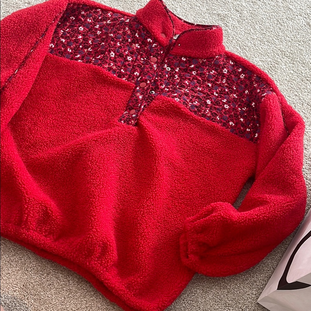 LOFT Red fleece Sweater with cute Embellishments